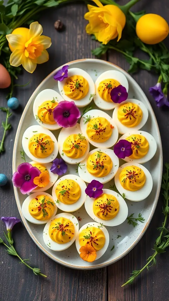A platter of colorful deviled eggs garnished with edible flowers and herbs