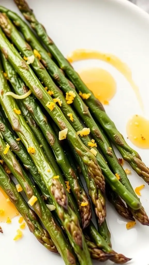 A plate of roasted asparagus drizzled with lemon juice and sprinkled with lemon zest.