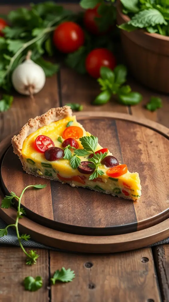A slice of Spring Vegetable Quiche on a wooden plate, surrounded by fresh vegetables.
