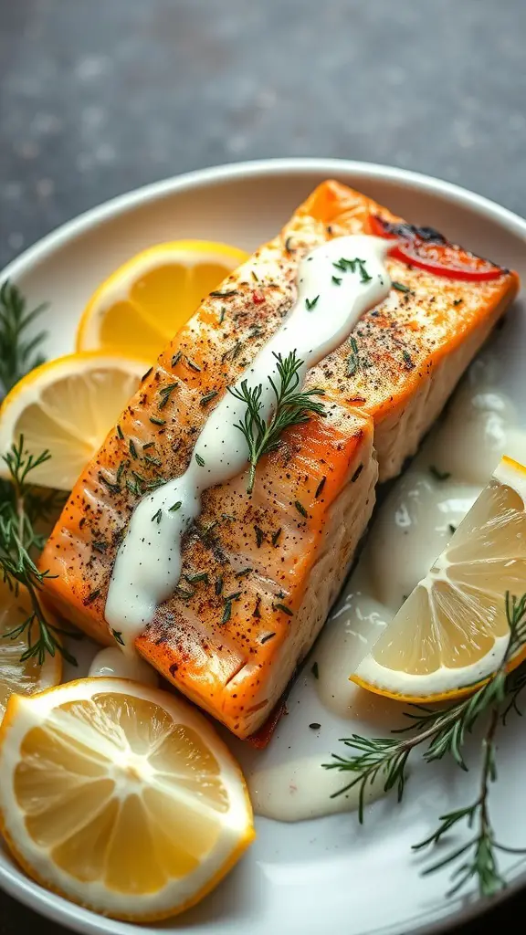 Baked salmon with dill sauce and lemon slices on a plate