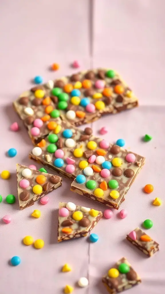 Colorful chocolate chip bunny bark with various candies on a pink background