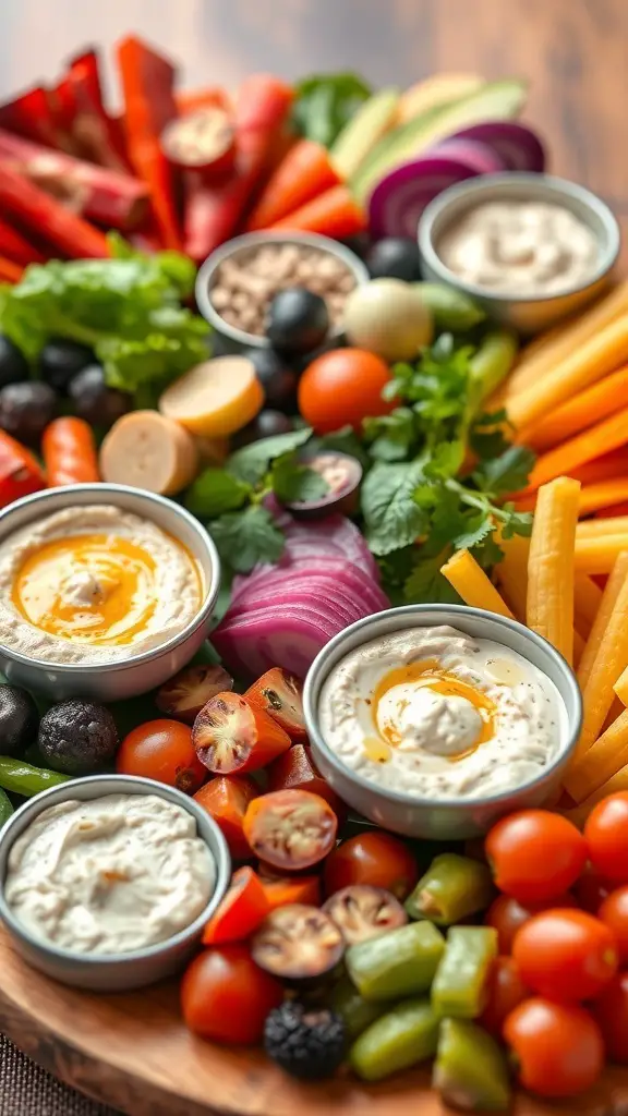A colorful vegetarian grazing board featuring an assortment of fresh vegetables and dips.