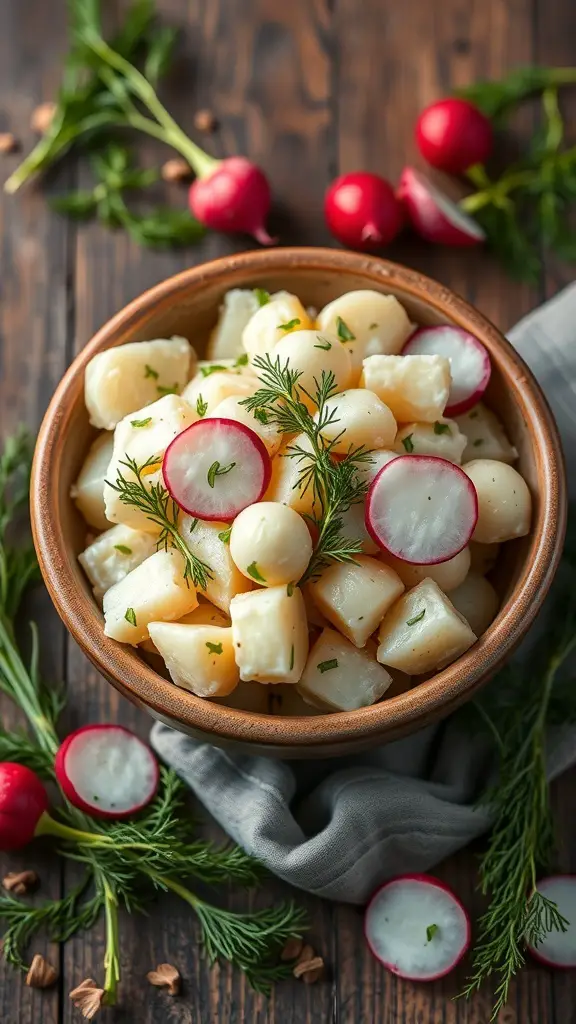 A bowl of potato salad with dill, garnished with radishes and herbs on a wooden table.