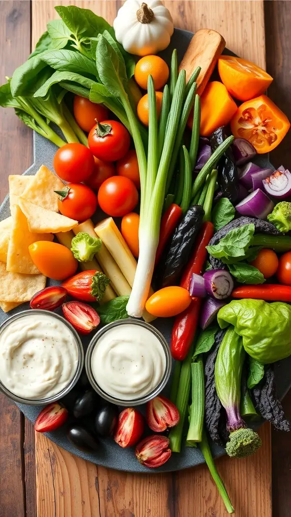 A colorful assortment of fresh spring vegetables including tomatoes, bell peppers, green onions, and leafy greens, arranged on a platter with dips.