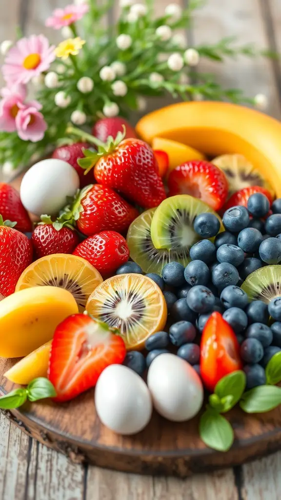 A colorful arrangement of fruits including strawberries, blueberries, kiwis, bananas, and decorative flowers on a wooden platter.