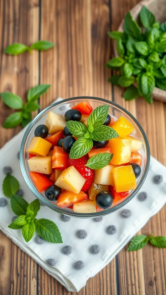 A bowl of fresh fruit salad with mint leaves on a wooden table