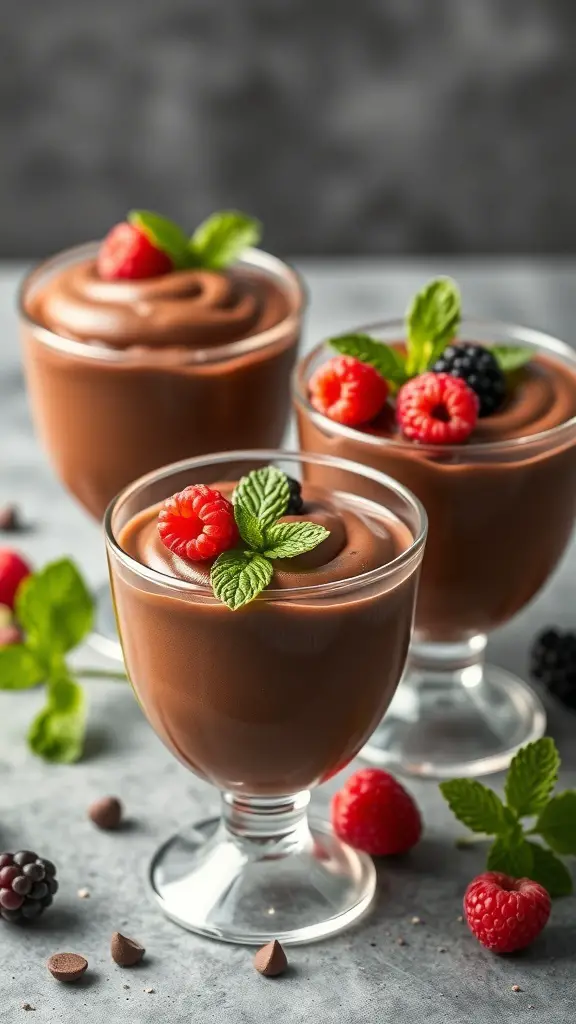 Chocolate mousse cups topped with fresh berries and mint leaves