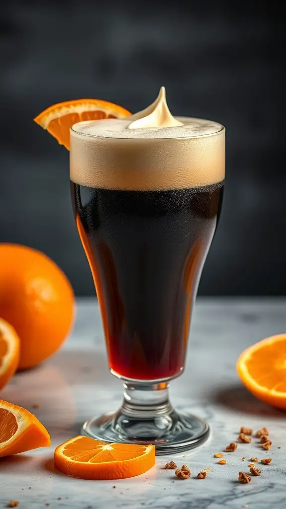 A glass of Stout and Orange Creamsicle drink with orange slices