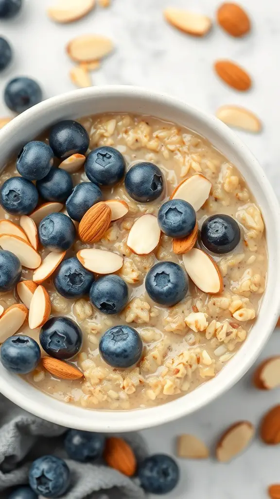 A bowl of oatmeal topped with blueberries and almond slices.
