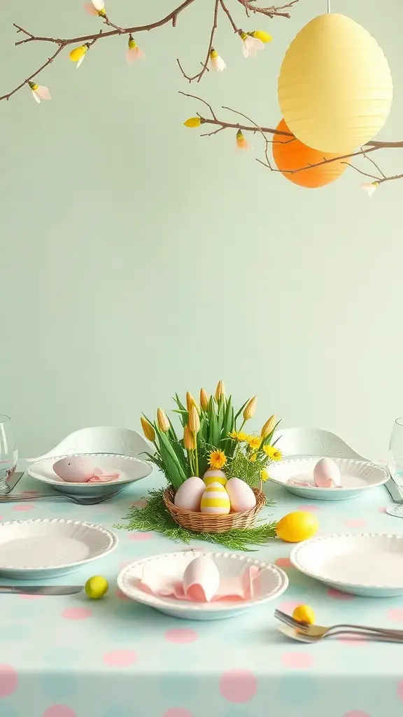 A whimsical Easter table setting with pastel colors, a basket of eggs, and hanging decorations.
