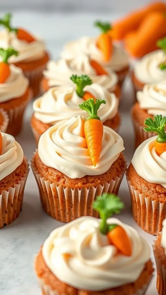 Carrot cake cupcakes with cream cheese frosting and carrot decorations
