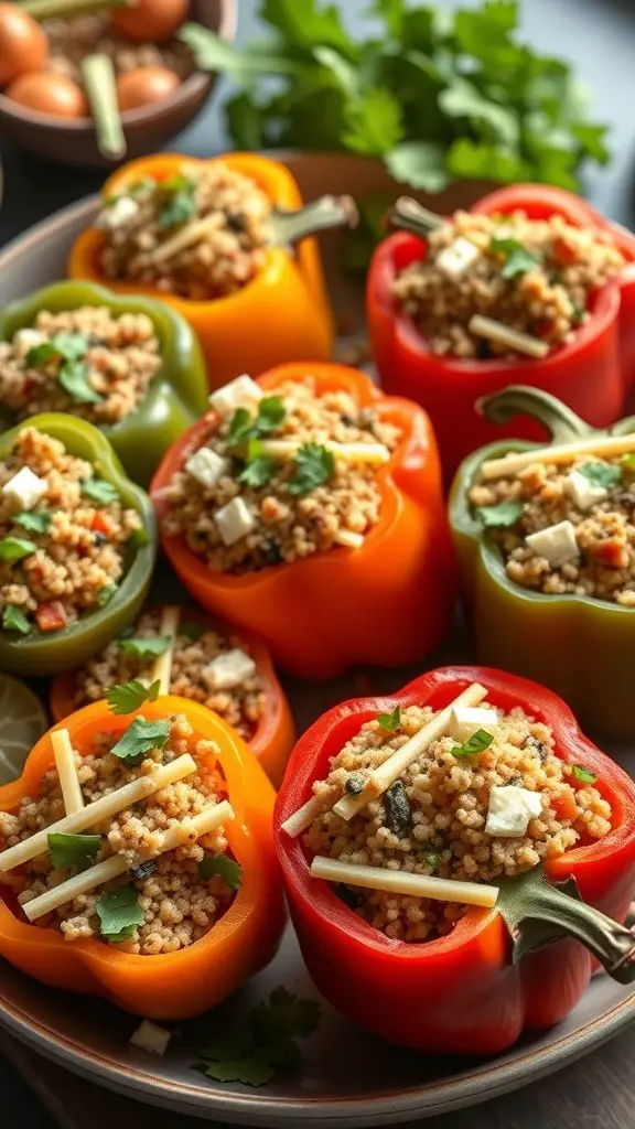 Colorful stuffed bell peppers filled with a savory mixture of grains and herbs.
