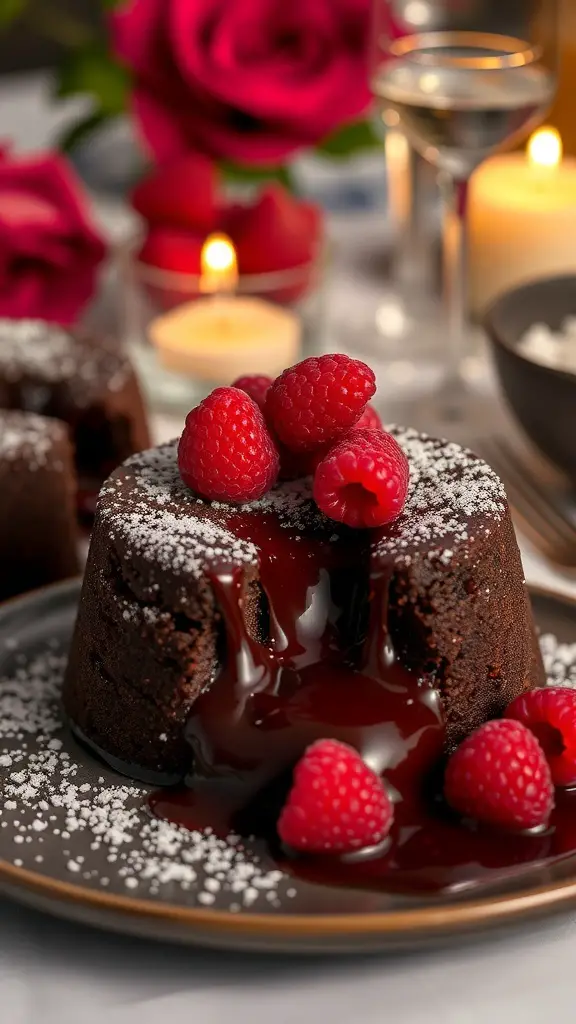 Chocolate lava cake with raspberry sauce and fresh raspberries on top, surrounded by roses and candles.