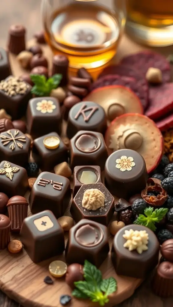 An assortment of Irish whiskey infused chocolates on a wooden platter, accompanied by whiskey glasses and various toppings.