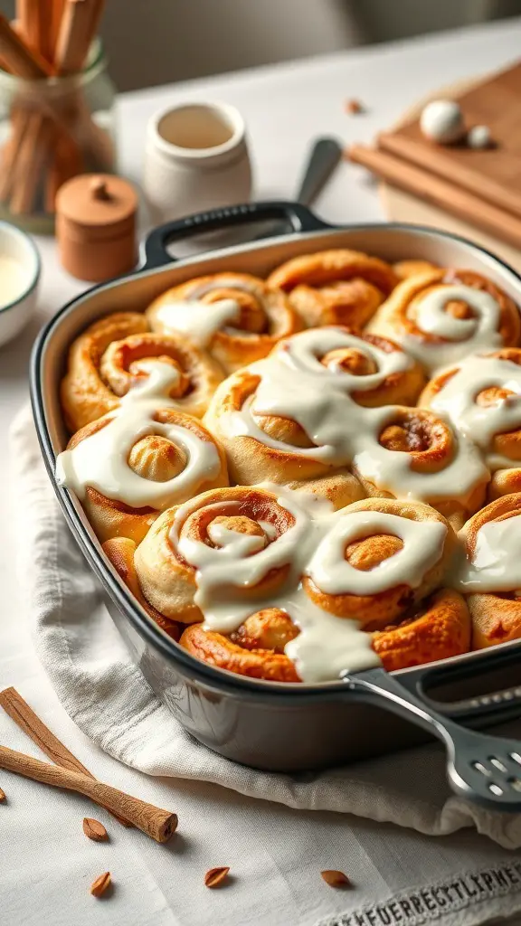 A delicious cinnamon roll casserole topped with creamy icing, ready to be served.
