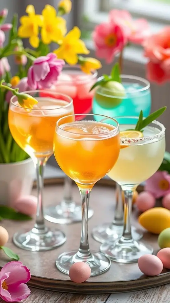 A selection of colorful cocktails on a tray, surrounded by flowers and Easter eggs.