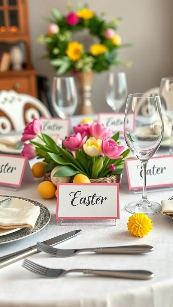 A beautifully set Easter table featuring colorful place cards, tulips, and decorative elements.