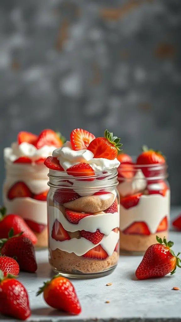 Three jars of strawberry shortcake with layers of strawberries, whipped cream, and cake, surrounded by fresh strawberries.