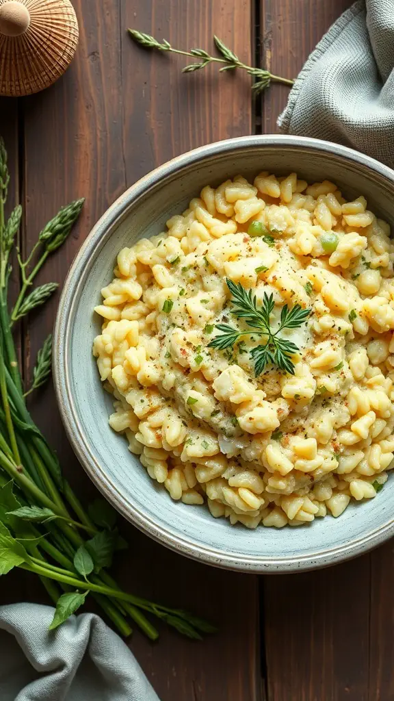 A bowl of creamy risotto with asparagus, garnished with herbs, on a wooden table.