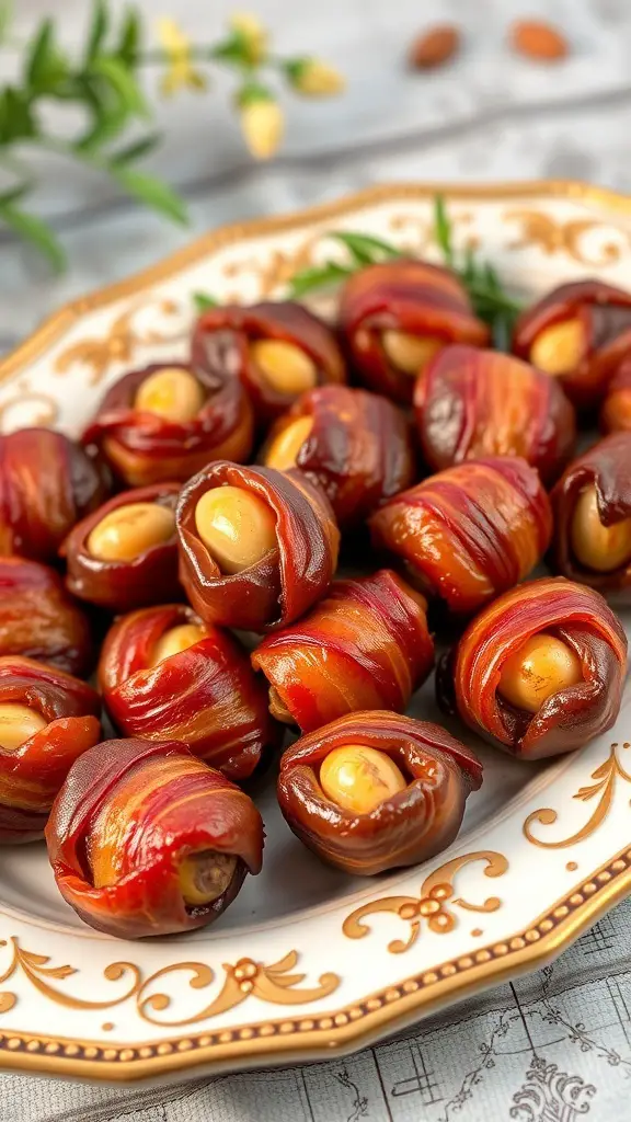 A plate of bacon-wrapped dates stuffed with almonds, beautifully arranged.