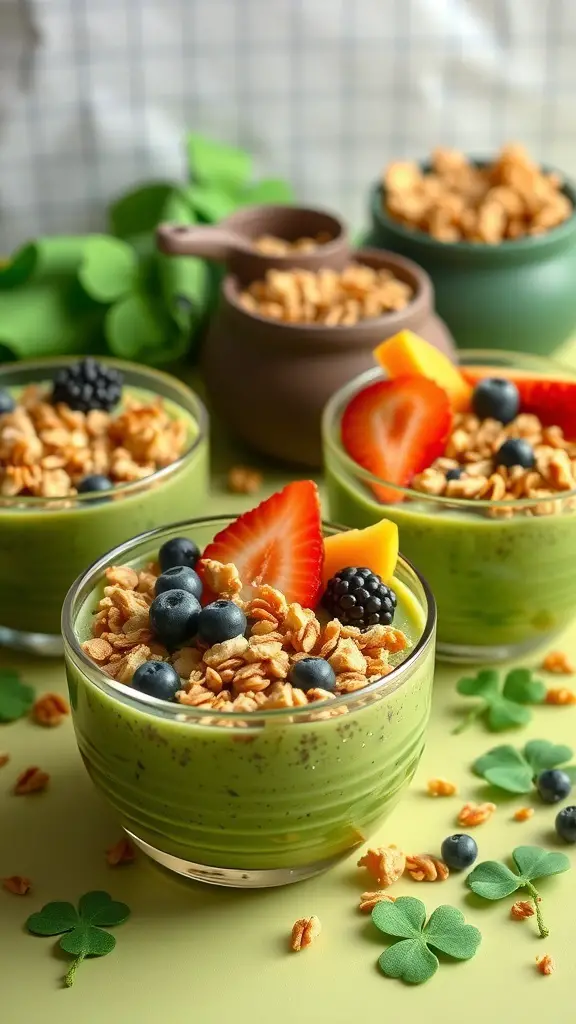 Three green smoothie bowls topped with fruits and granola, surrounded by shamrock decorations.