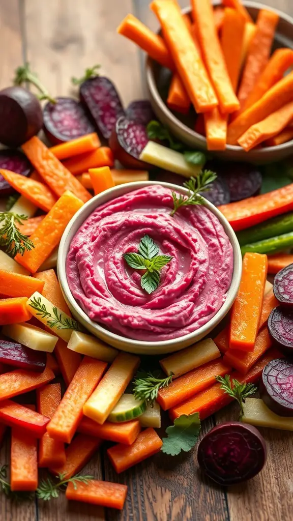 A bowl of pink hummus made with beetroot, surrounded by colorful vegetable sticks.