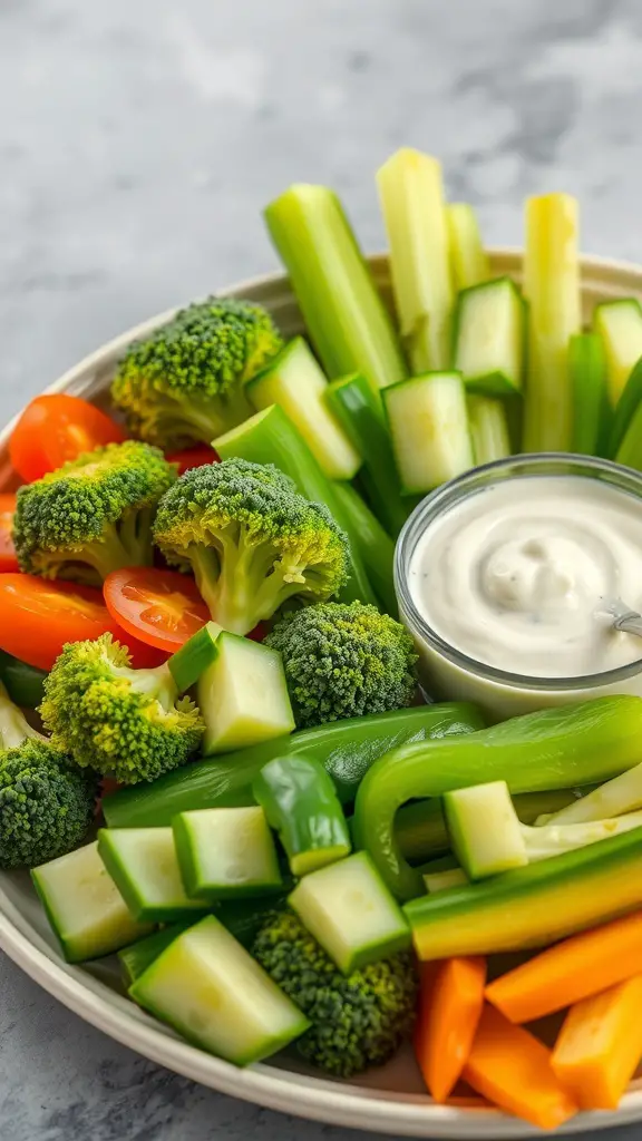 A colorful green veggie platter featuring broccoli, cucumbers, celery, bell peppers, and a bowl of dip.
