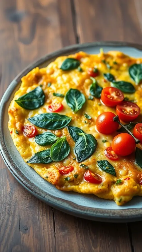A colorful chickpea flour frittata topped with cherry tomatoes and fresh basil on a plate.