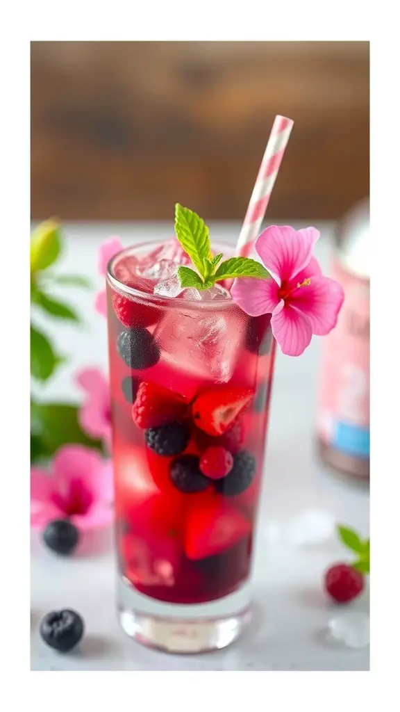 A refreshing Berry Hibiscus Cooler mocktail with berries and mint garnish.