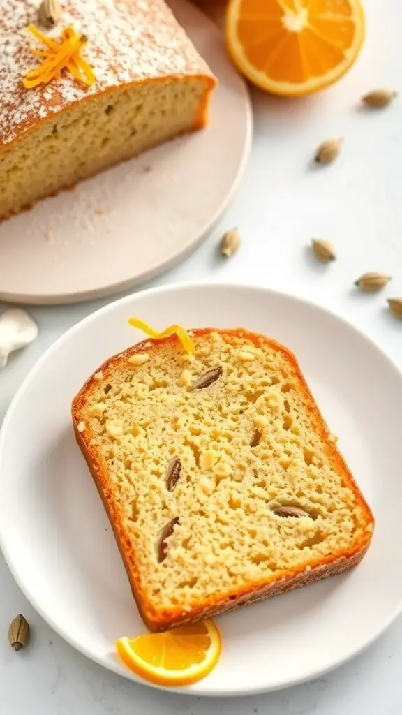 A slice of orange cardamom loaf cake on a white plate, garnished with orange slices and cardamom pods.