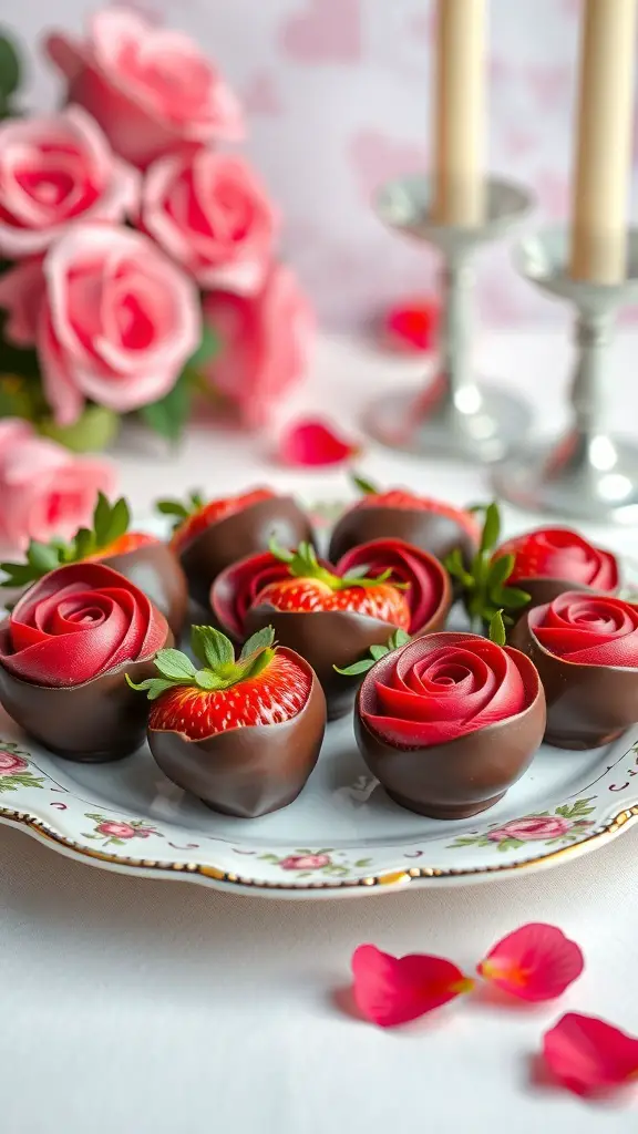 A plate of chocolate-dipped strawberry roses surrounded by pink roses and candles.