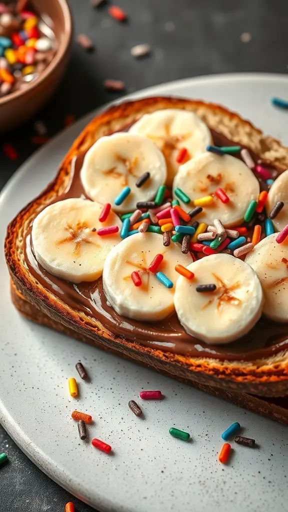 Nutella and banana toast topped with sprinkles on a plate