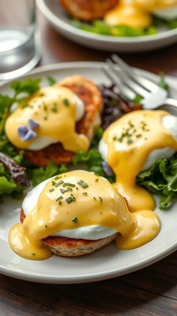 Plate of Classic Eggs Benedict with poached eggs, hollandaise sauce, and greens