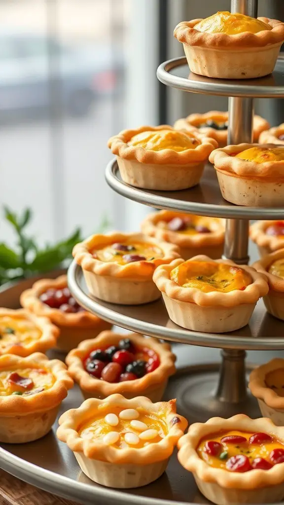 A tiered stand filled with mini quiches of various flavors, showcasing a colorful assortment.