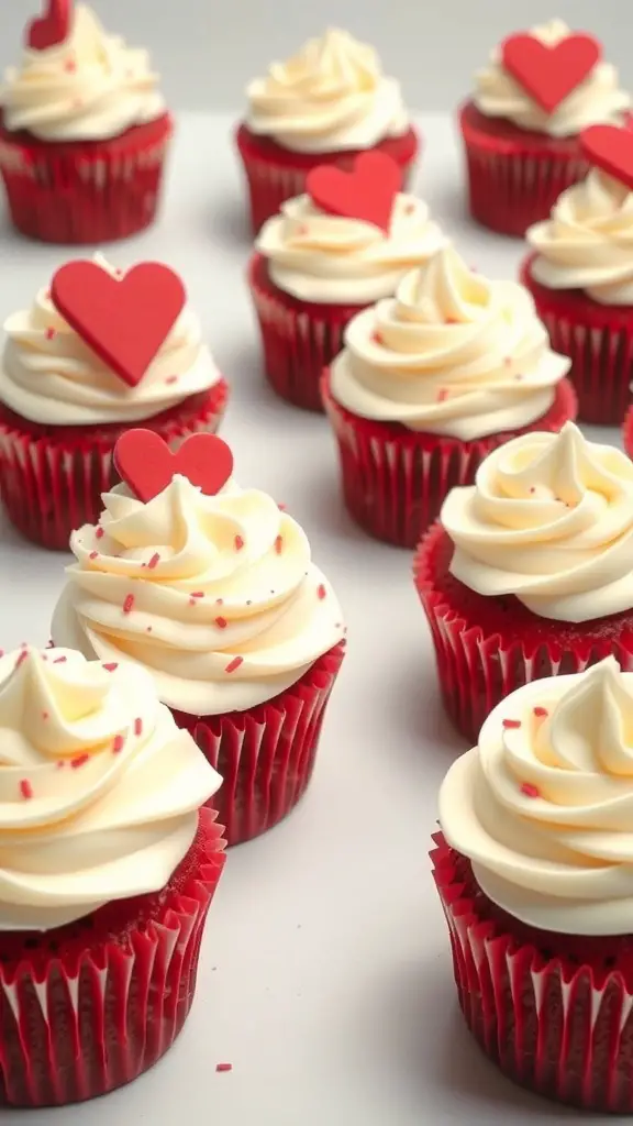 Red velvet cupcakes with cream cheese frosting and heart decorations