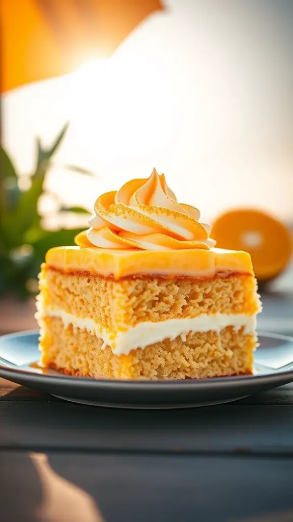 A slice of Orange Creamsicle Poke Cake topped with orange frosting, sitting on a plate.