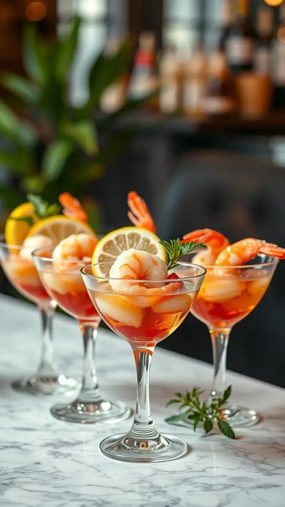 Shrimp cocktail shots in elegant glasses with shrimp, cocktail sauce, and lemon slices
