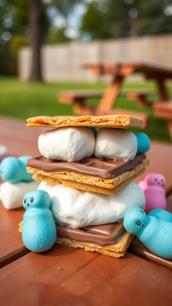 A stack of Marshmallow Peeps S'mores on a picnic table, featuring colorful Peeps and melted chocolate.