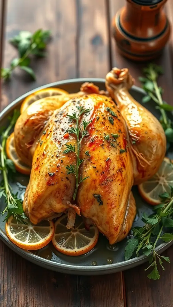 A roasted chicken garnished with herbs and lemon slices on a plate.