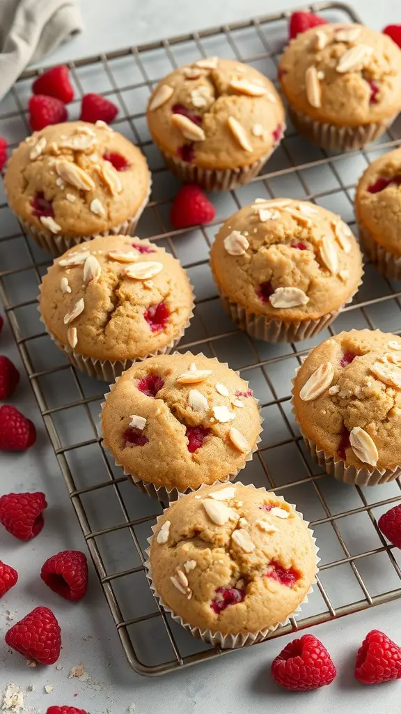 Almond flour raspberry muffins on a cooling rack with fresh raspberries scattered around.
