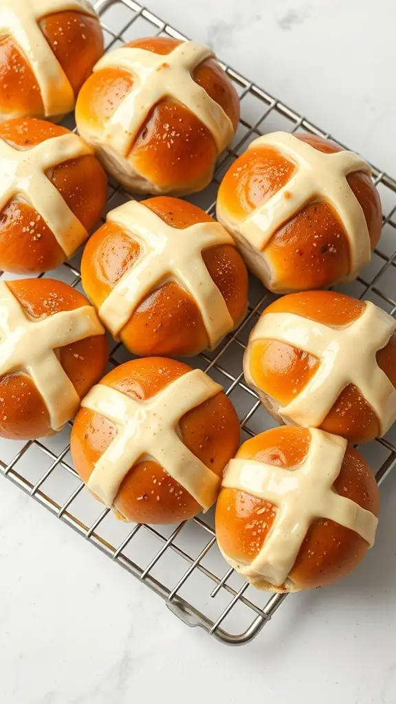 Freshly baked hot cross buns with a spiced glaze on a cooling rack.