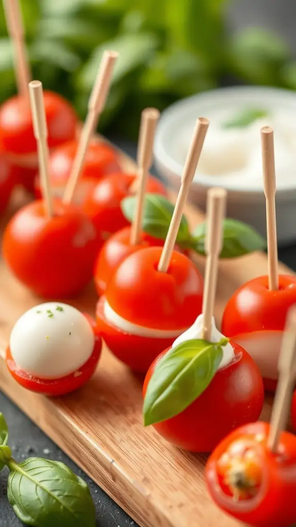 Caprese salad bites on toothpicks with cherry tomatoes, mozzarella, and basil