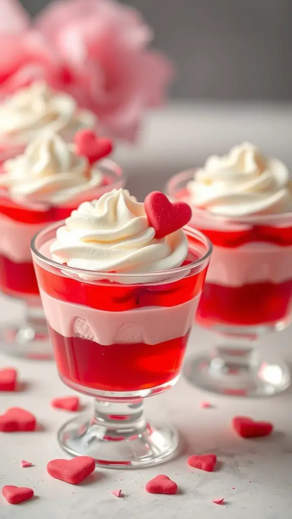 Colorful Valentine's Day Jello Cups with whipped cream and heart-shaped candies