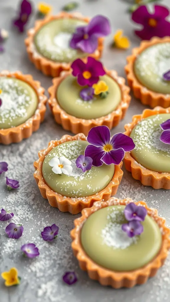A collection of matcha green tea tarts topped with edible flowers, showcasing their vibrant green filling and golden crust.