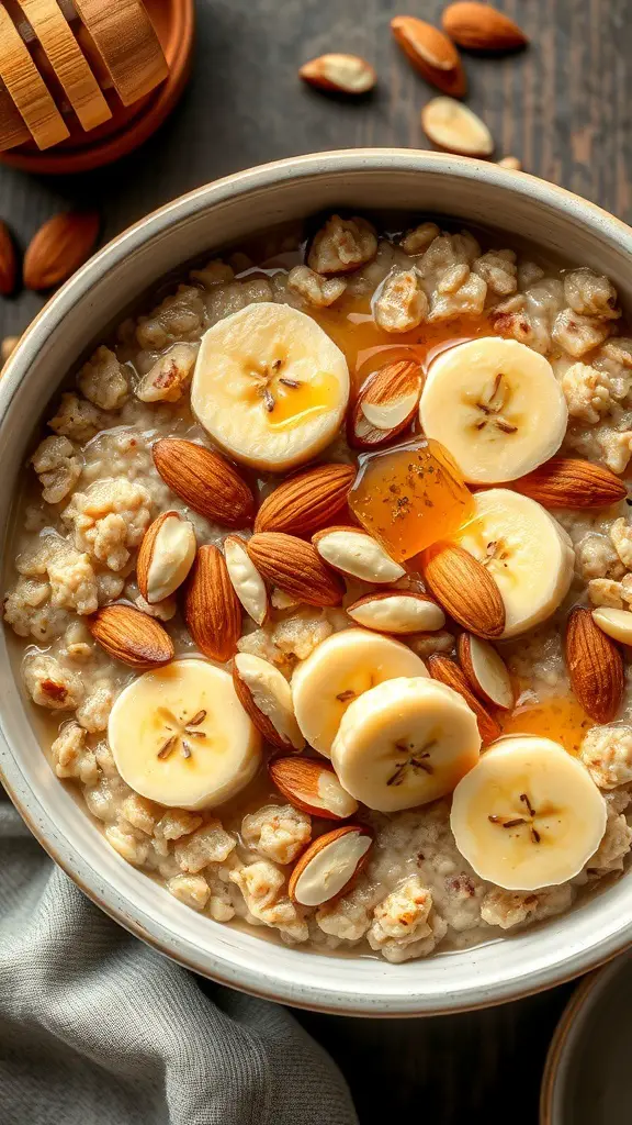 A bowl of oatmeal topped with banana slices and almonds, with a drizzle of honey.