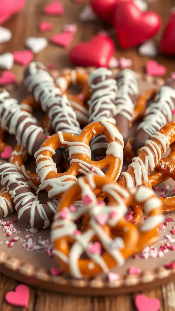 A plate of chocolate-covered pretzels decorated with heart-shaped sprinkles