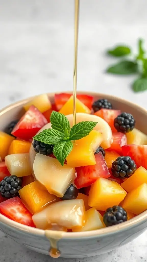 A bowl of colorful fruit salad topped with honey lime dressing and mint leaves.