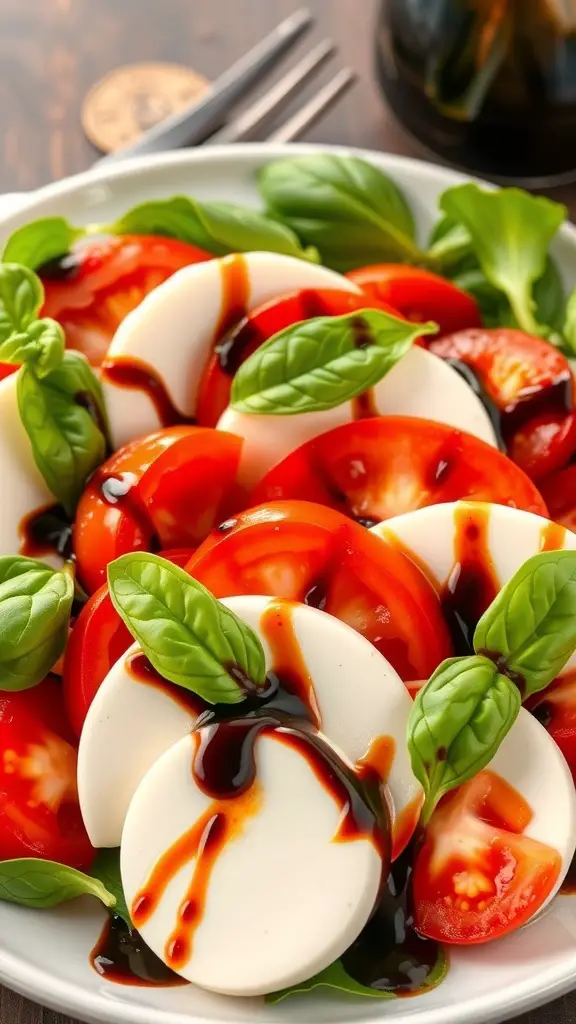 A plate of Caprese salad with mozzarella, tomatoes, basil, and balsamic reduction.
