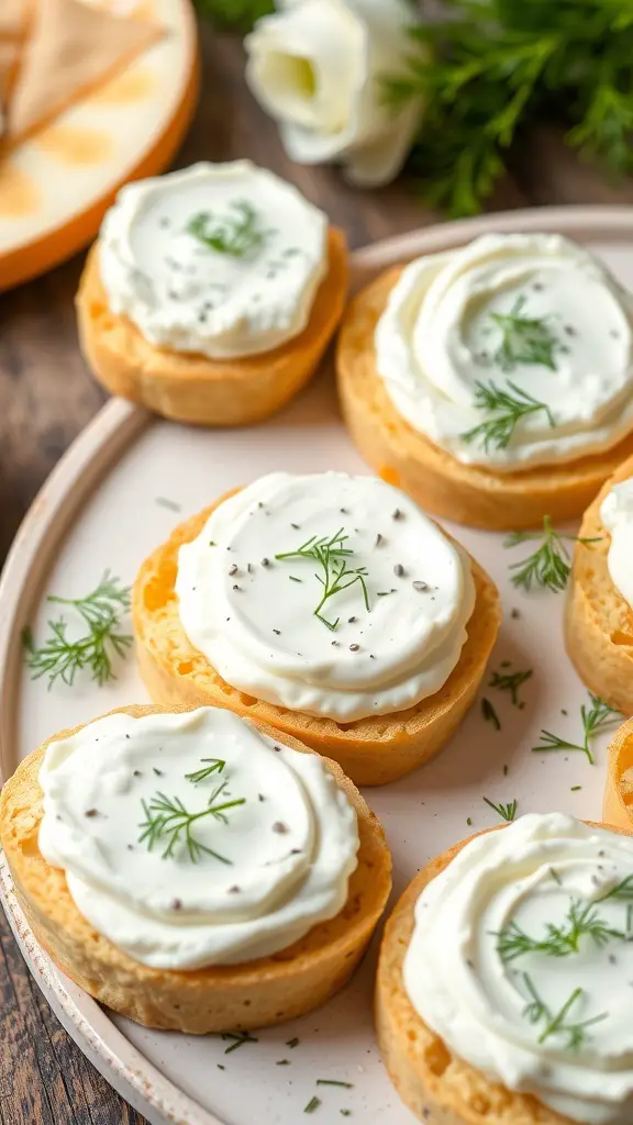 Cucumber sandwiches with cream cheese on a plate, garnished with herbs.