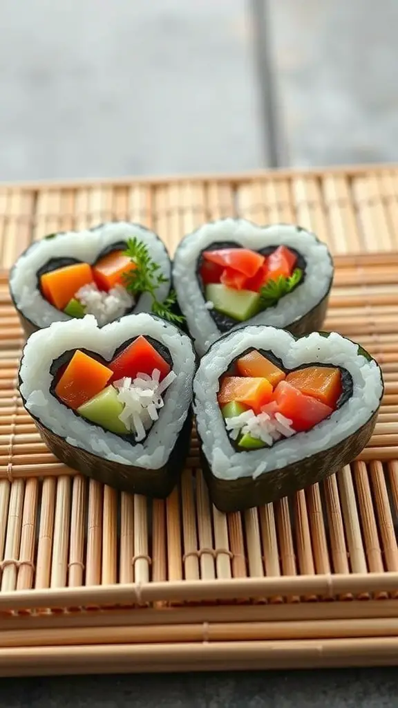 Heart-shaped sushi rolls filled with colorful vegetables on a bamboo mat.
